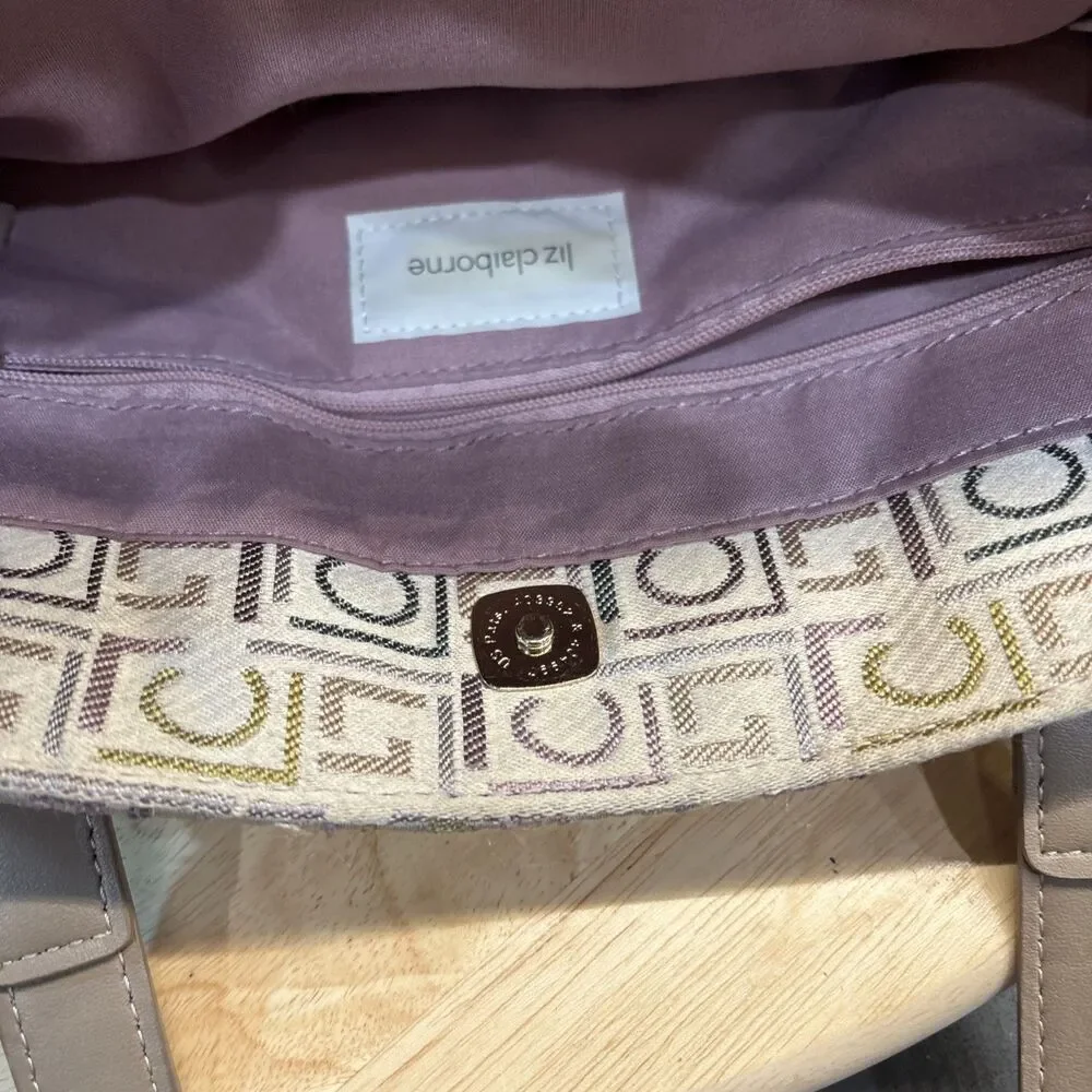 Vintage Liz Claiborne Handbag Beige Silver Two Handle Monogram Satchel Y2K